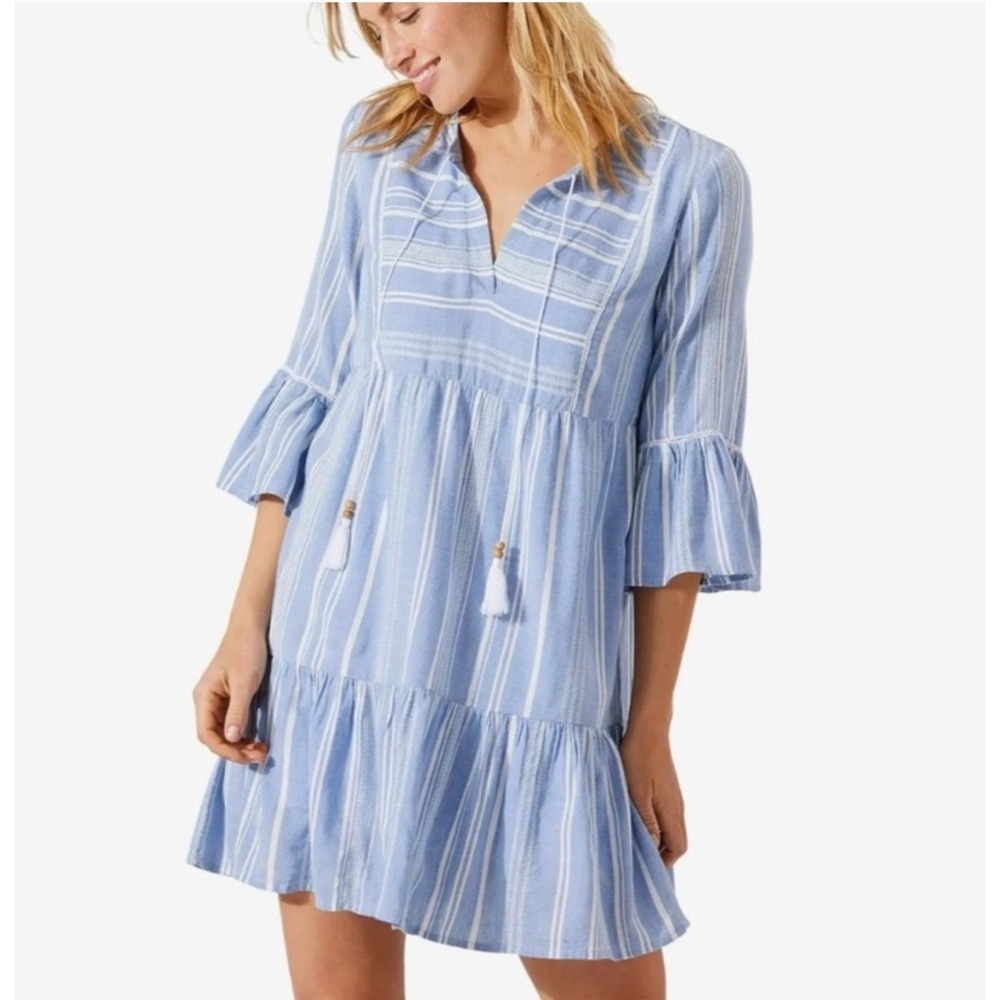 Tommy Bahama Fairvue Wave Striped Tiered Mini Dress Blue‎ White Tassel Small S